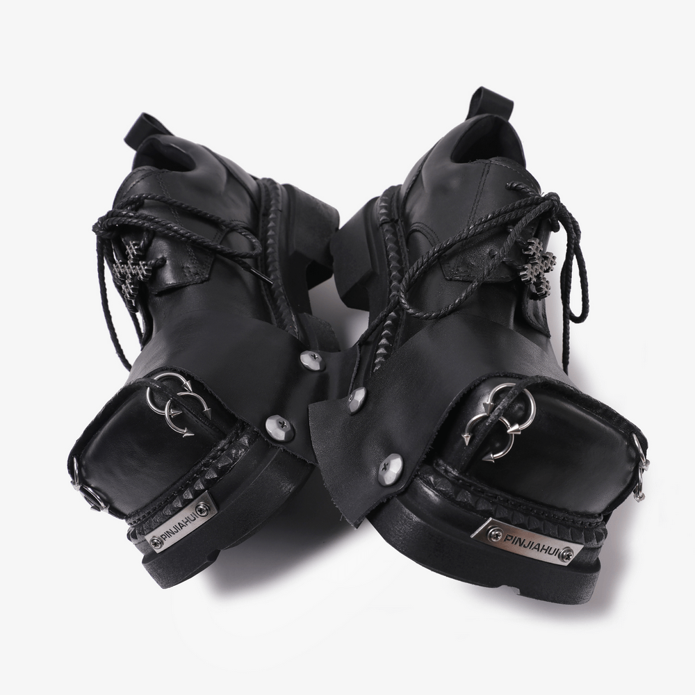 Men's Punk Derby Shoes with Metal Ring Toe Detail, black lace-up platform shoes with industrial metal accents