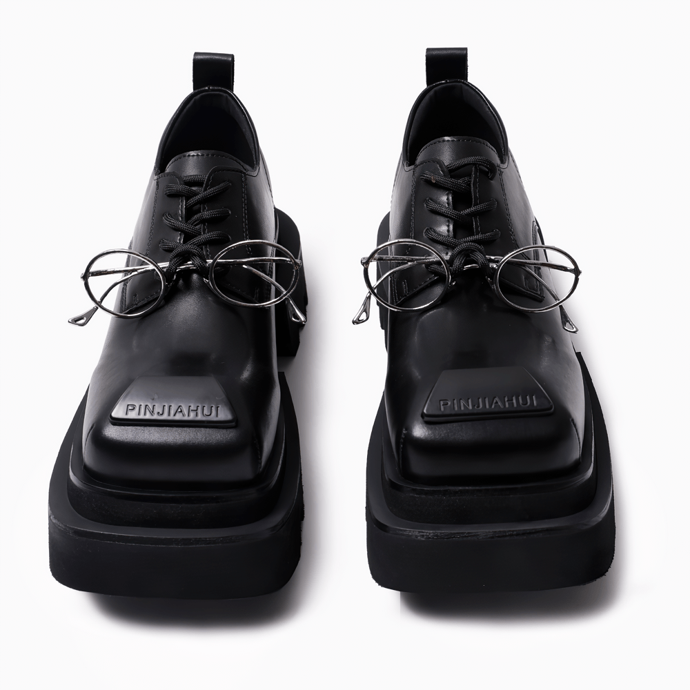 Men's Punk Derby Shoes with Silver Glasses Detail black platform oxfords with square toe caps and edgy gothic style