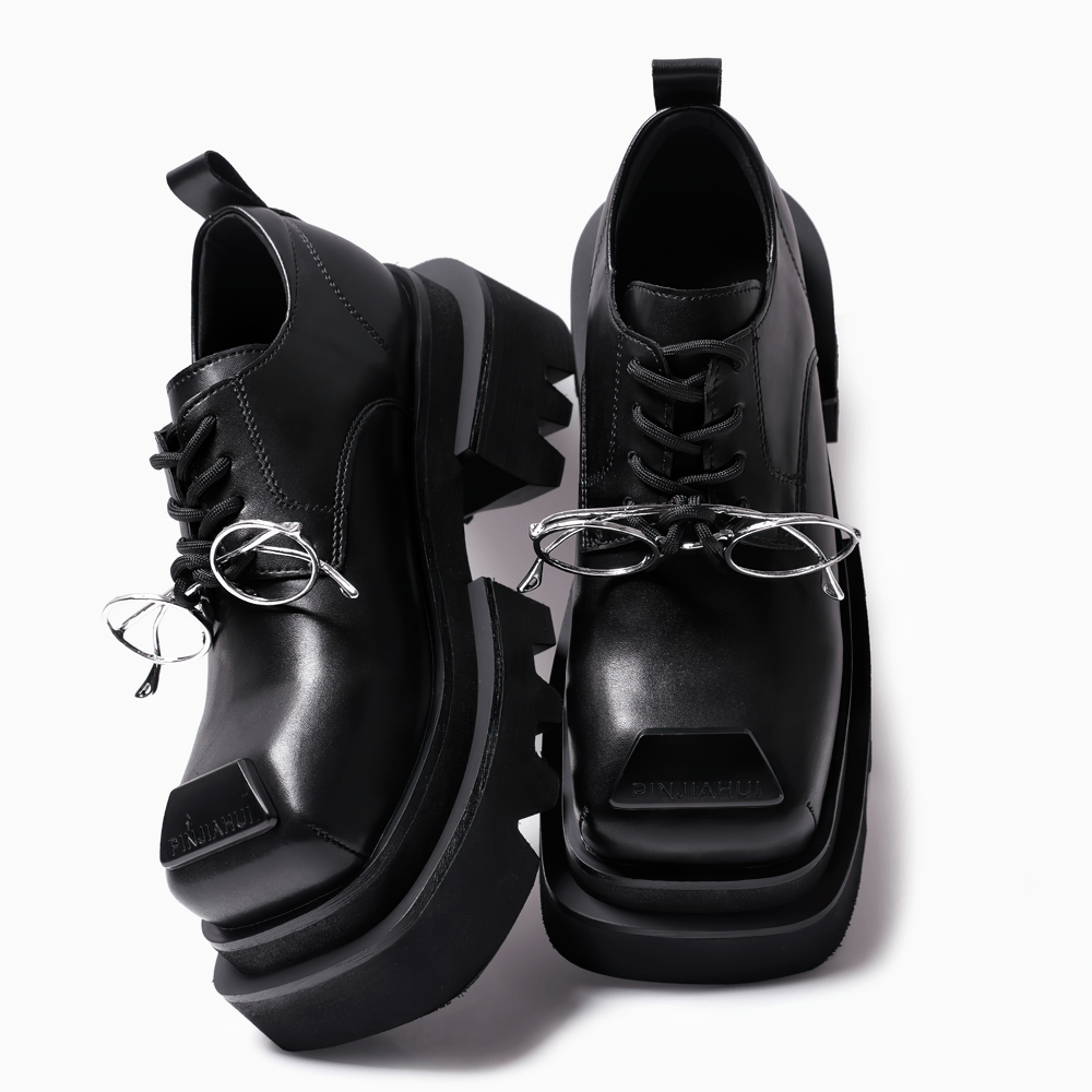 Men's Punk Derby Shoes with Silver Glasses Detail, black microfiber platform Oxfords with square toe caps