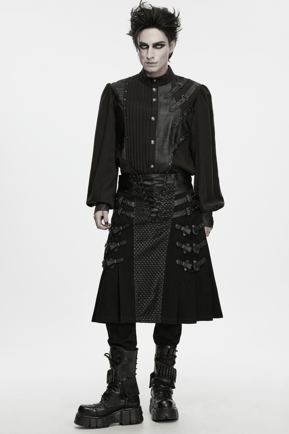 Jupe-kilt punk pour homme avec empiècements en similicuir et en résille