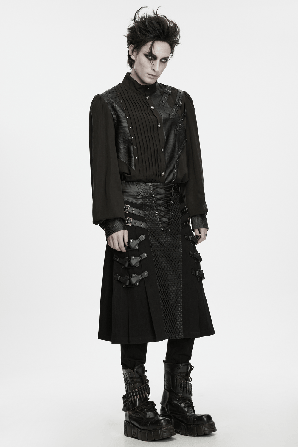 Jupe-kilt punk pour homme avec empiècements en similicuir et en résille