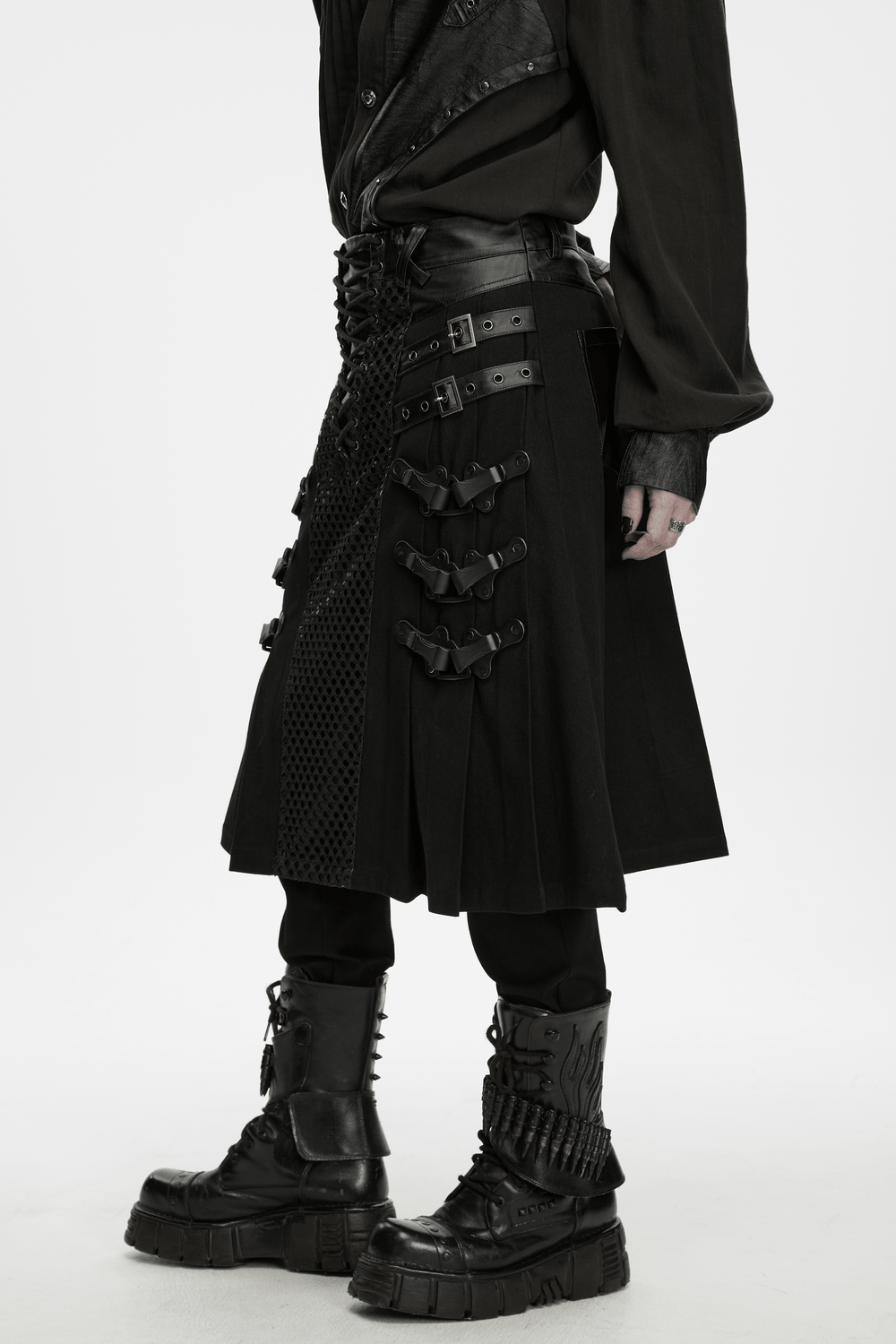 Jupe-kilt punk pour homme avec empiècements en similicuir et en résille