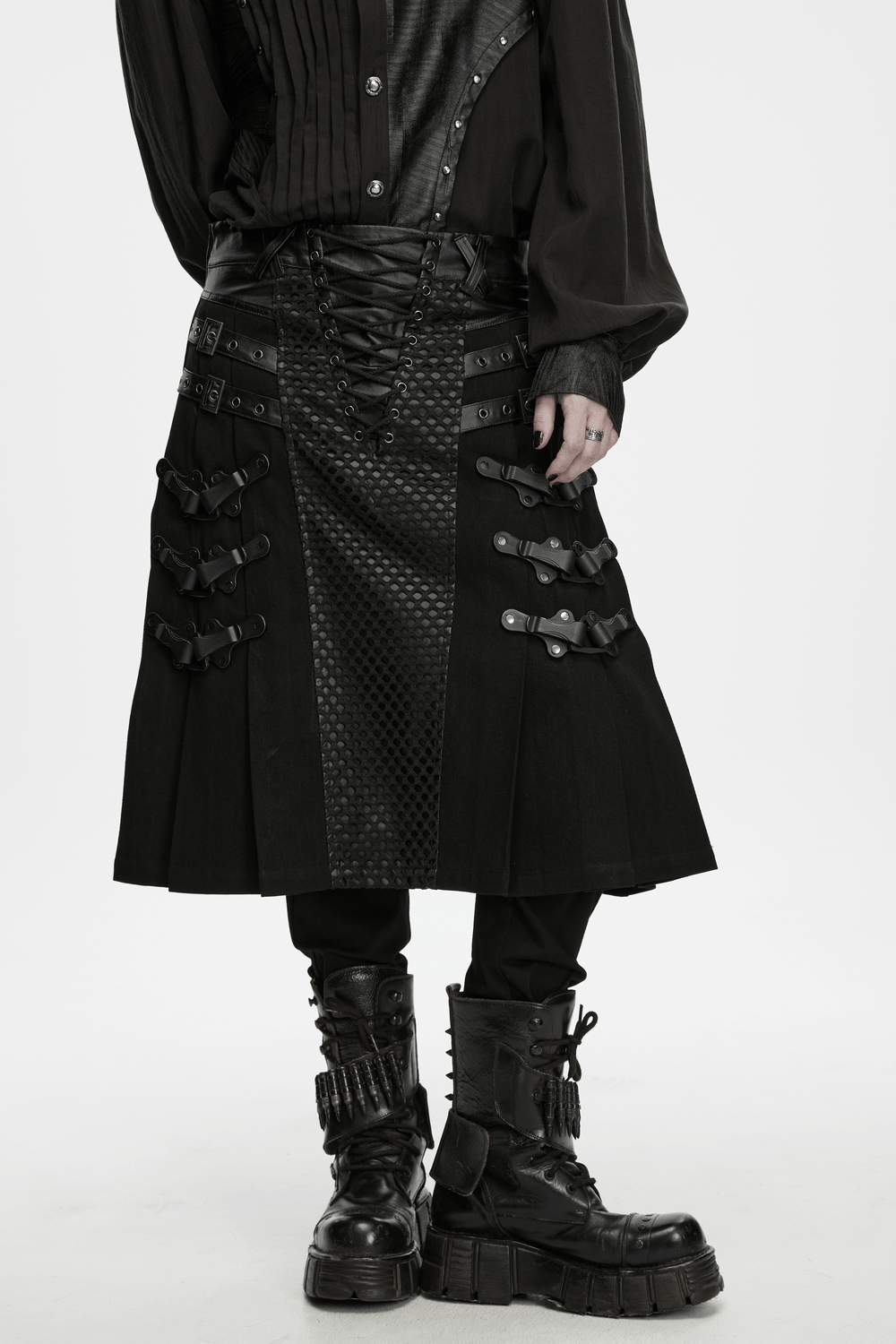 Jupe-kilt punk pour homme avec empiècements en similicuir et en résille