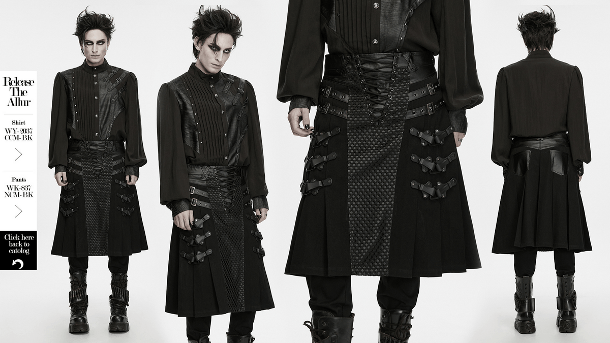 Jupe-kilt punk pour homme avec empiècements en similicuir et en résille