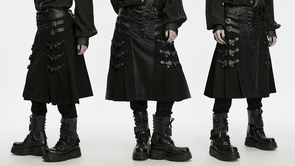 Jupe-kilt punk pour homme avec empiècements en similicuir et en résille
