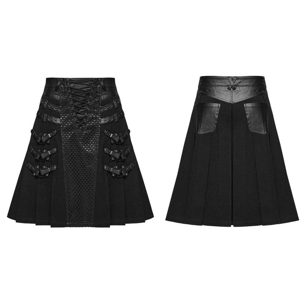 Men's Punk Kilt Skirt with Faux Leather and Mesh Panels black pleated gothic skirt with buckle details and mesh front