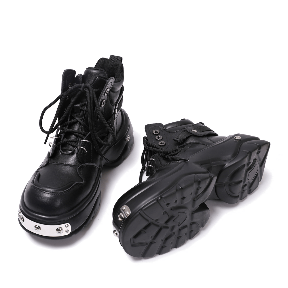 Men's Punk Lace-Up Ankle Boots with Sculpted Platform Sole black gothic chunky boots with metal toe accents and star hardware