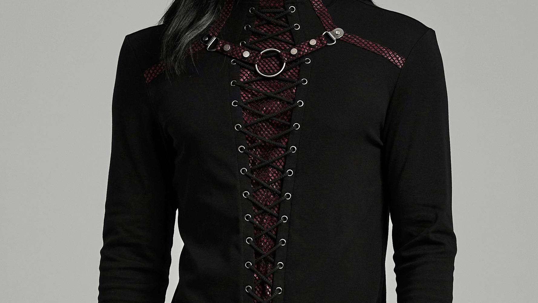 Men's Punk Gothic Long Sleeve Top featuring laced design and metal accents for alternative style.