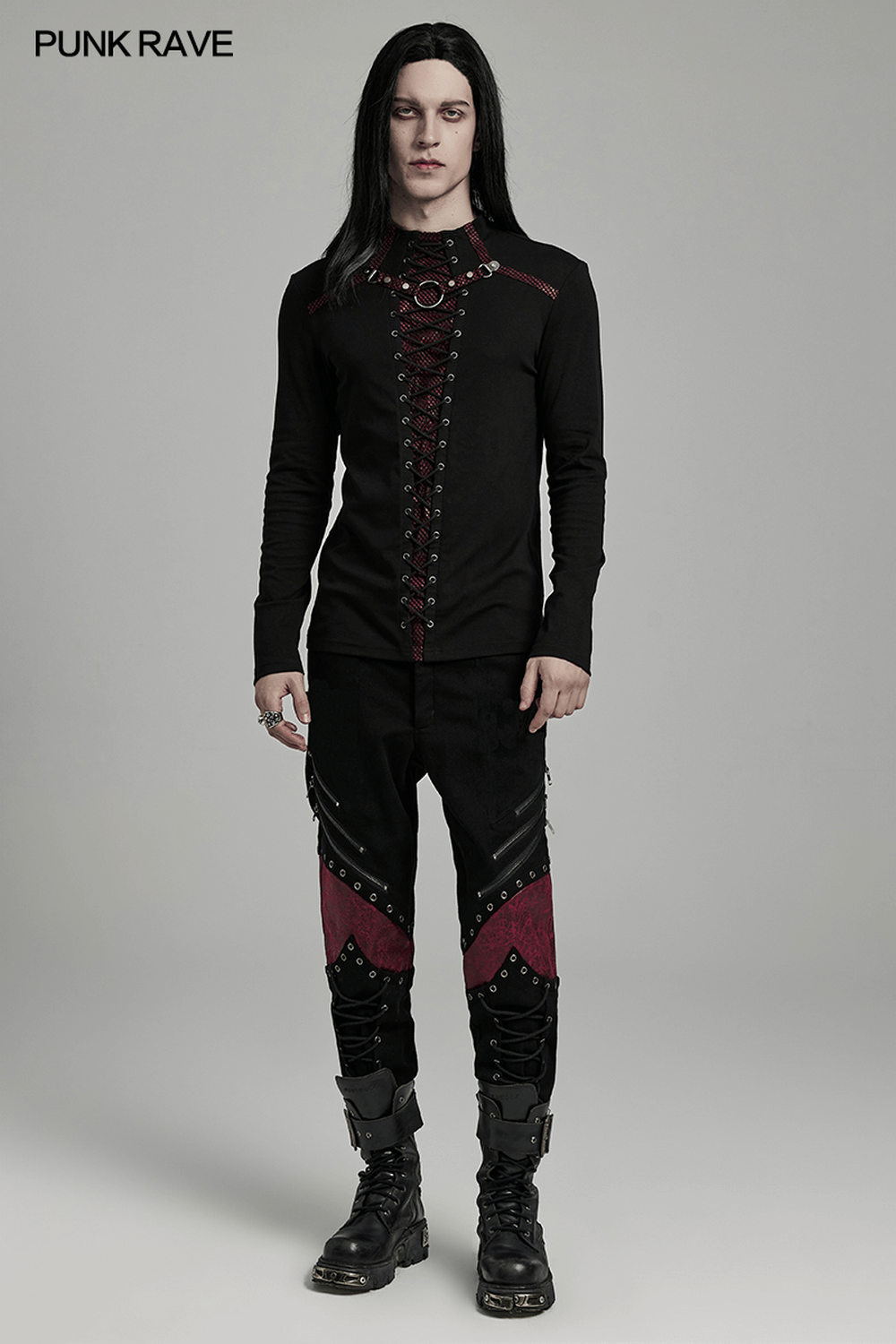 Men's punk long sleeve top with metal accents and Gothic style, featuring laced-up front and unique iron ring details.