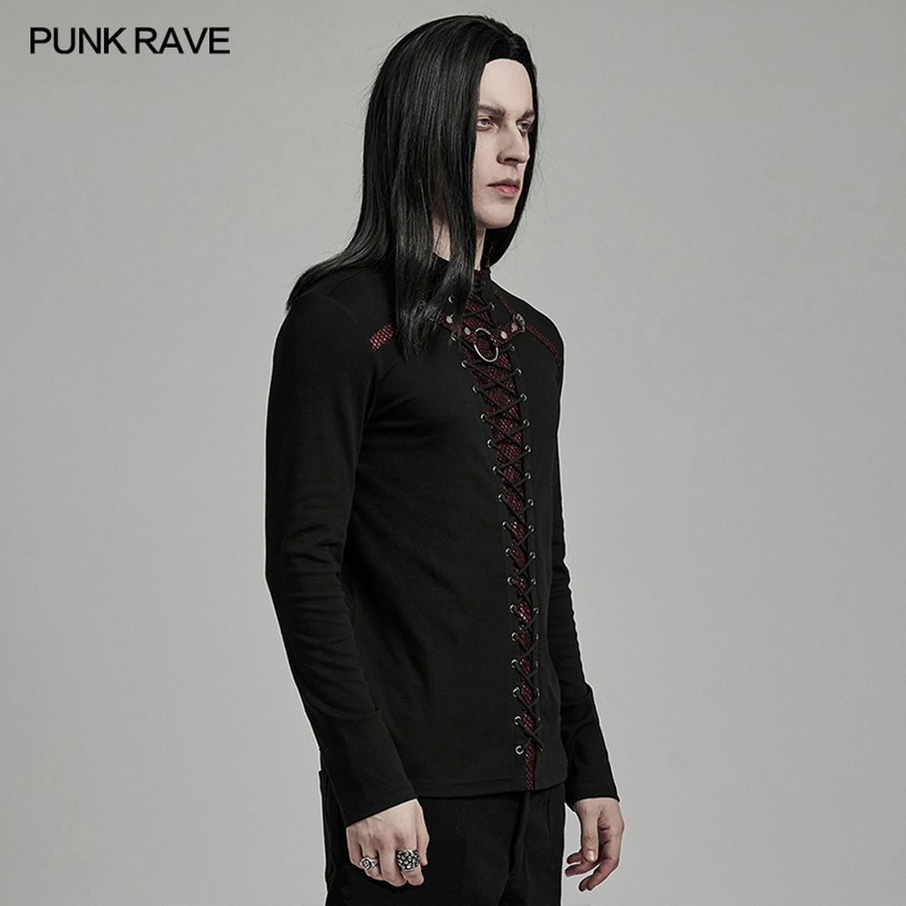 Men's punk laced-up long sleeve top with metal accents in black, featuring iron ring detail and stylish Gothic design.
