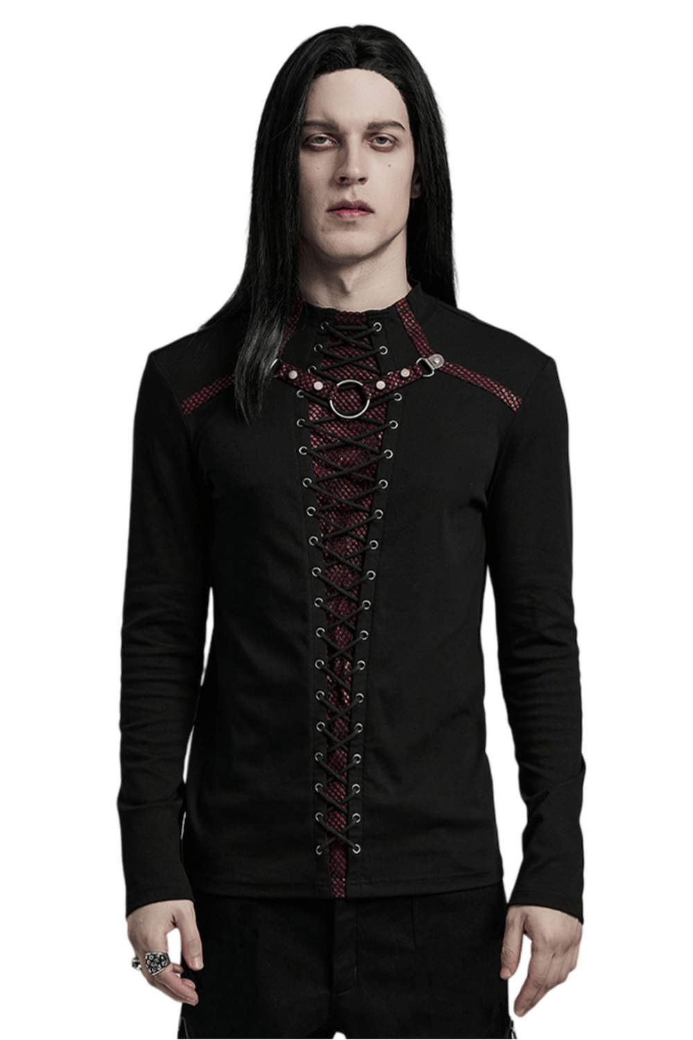 Men's Gothic long sleeve top with laced-up front and iron ring detail, perfect for punk fashion lovers.