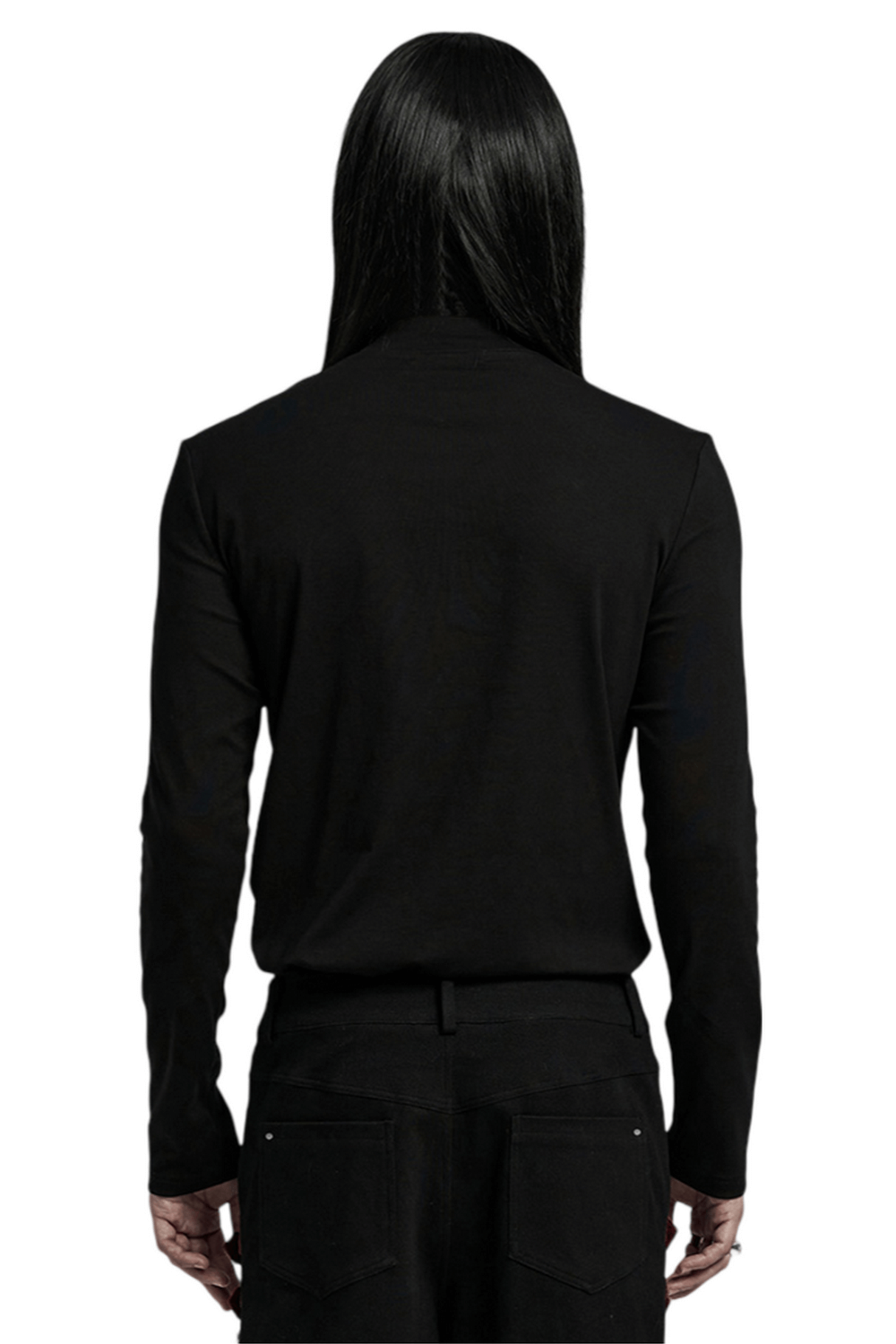 Men's punk laced-up long sleeve top with metal accents, showcasing a sleek black design from the back.
