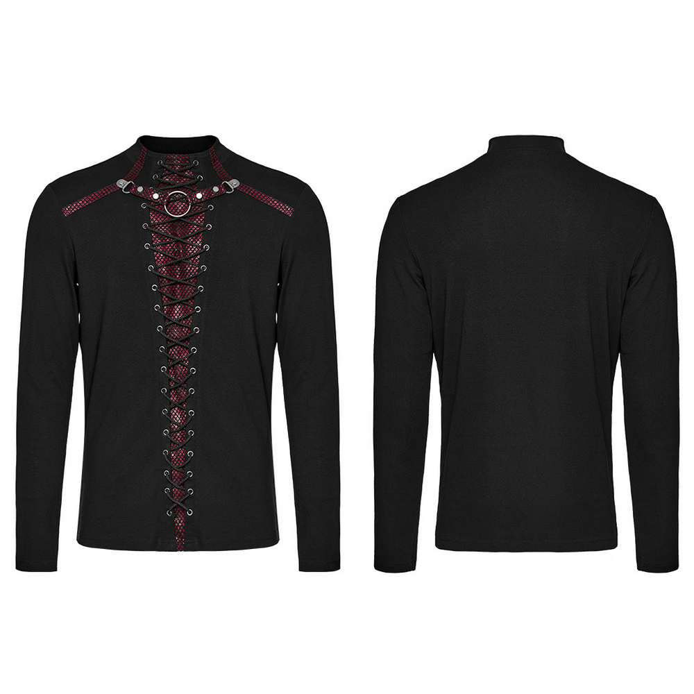 Men's punk laced-up long sleeve top with metal accents and Gothic design, featuring iron rings and rivets.