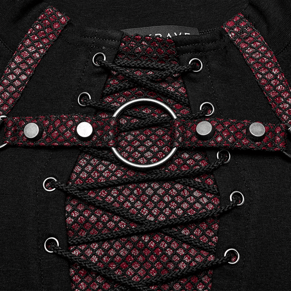 Close-up of Men's Punk Laced-Up Top with iron ring detail and red mesh accents, showcasing unique gothic fashion style.