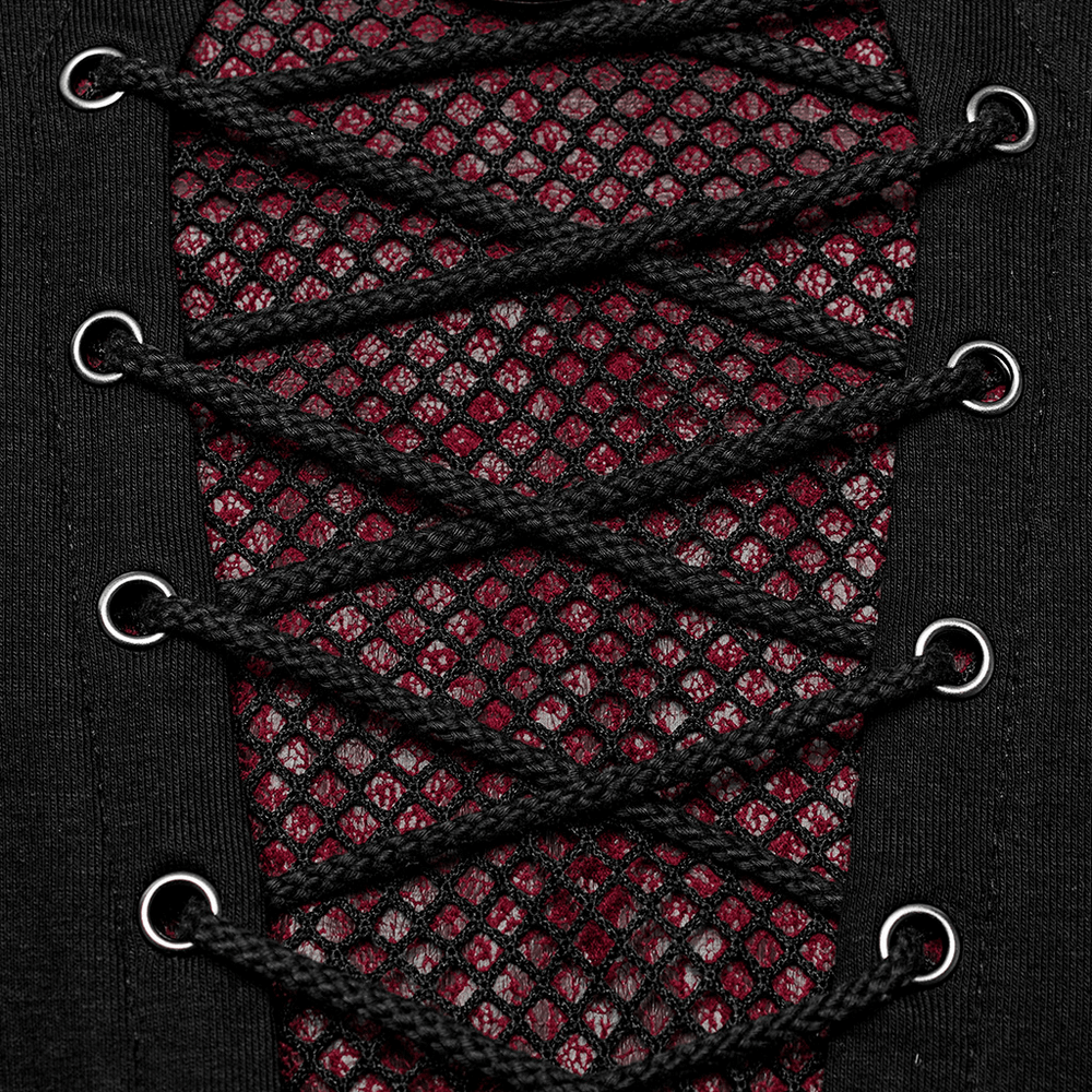 Close-up of men's punk laced-up top featuring mesh detail and iron rings, showcasing unique Gothic style.