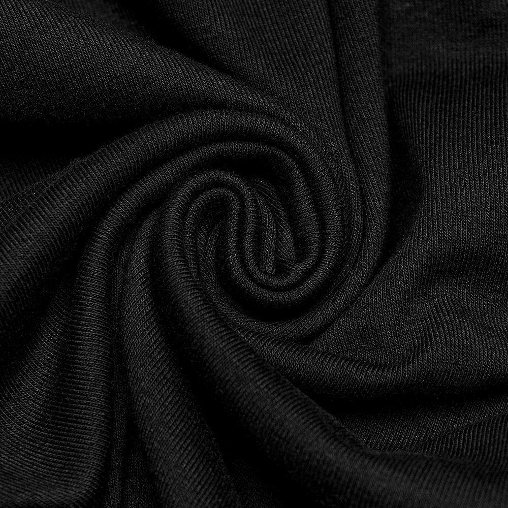 Close-up of soft black knitted fabric showcasing its texture and flexibility for Men's Punk Laced-Up Long Sleeve Top.