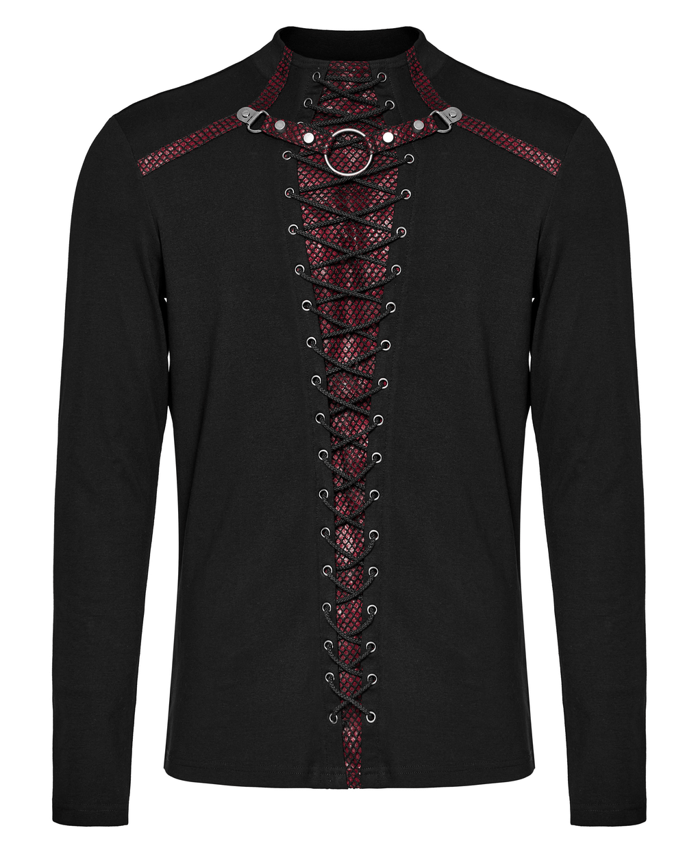 Men's laced-up long sleeve punk top with metal accents and unique front splicing in black and red.