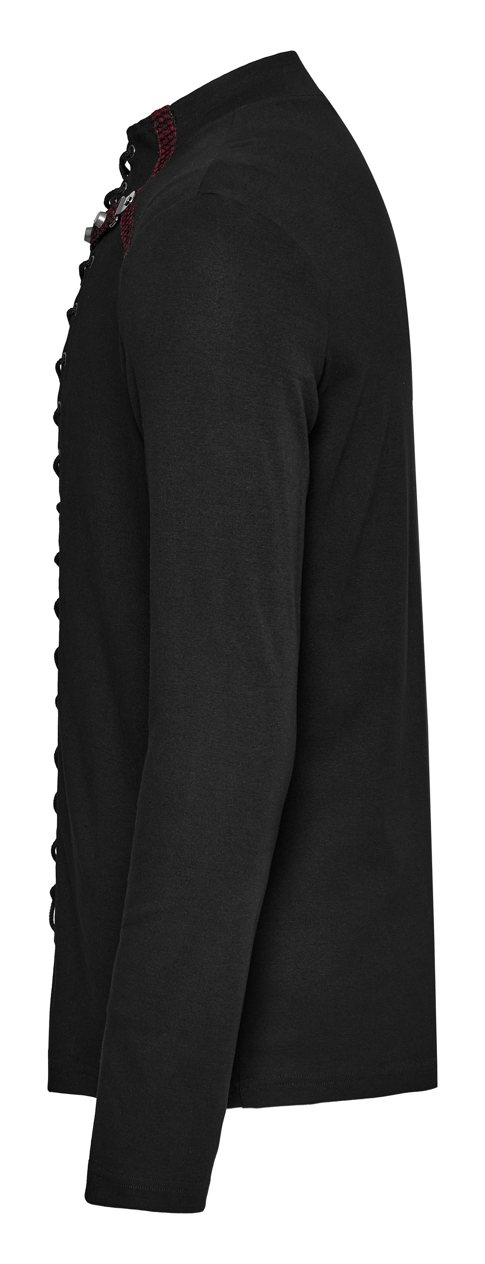 Men's punk long sleeve top featuring metal accents and unique front splicing in black.