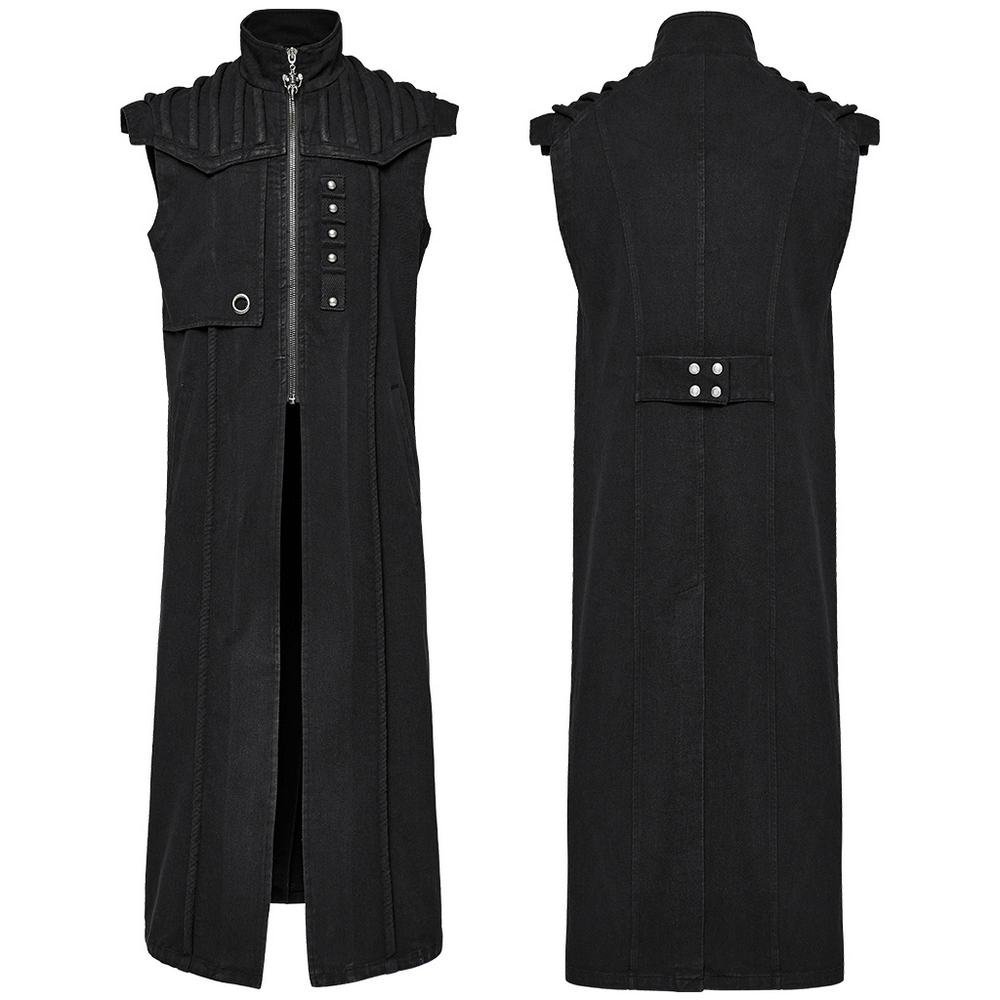 Men's black distressed long denim vest with rivets and zipper, featuring gothic punk style and shoulder pads.