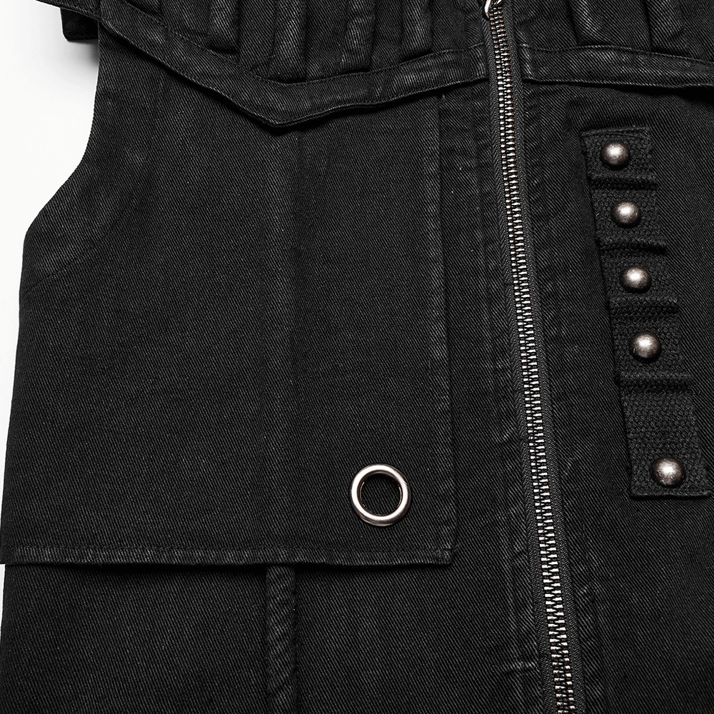 Black distressed denim vest with rivets and zipper, featuring a stylish gothic punk design.