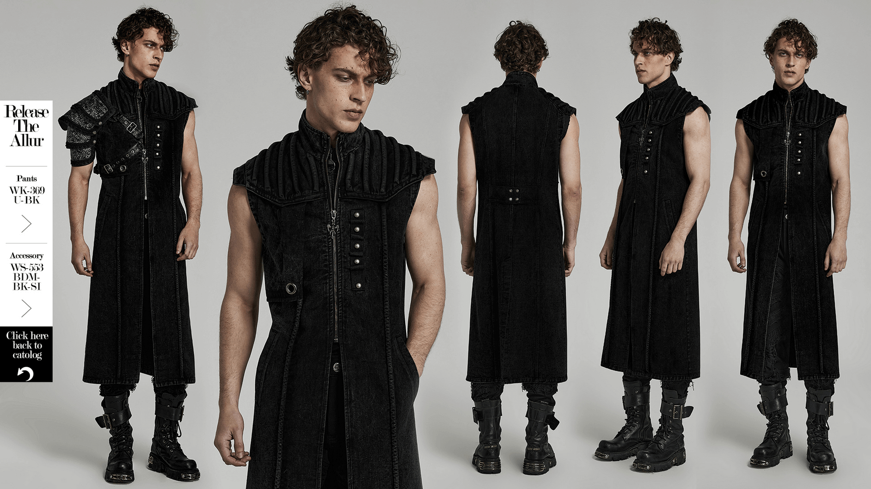 Men's black long denim vest with rivets, shoulder pads, and a zipper in gothic punk style.