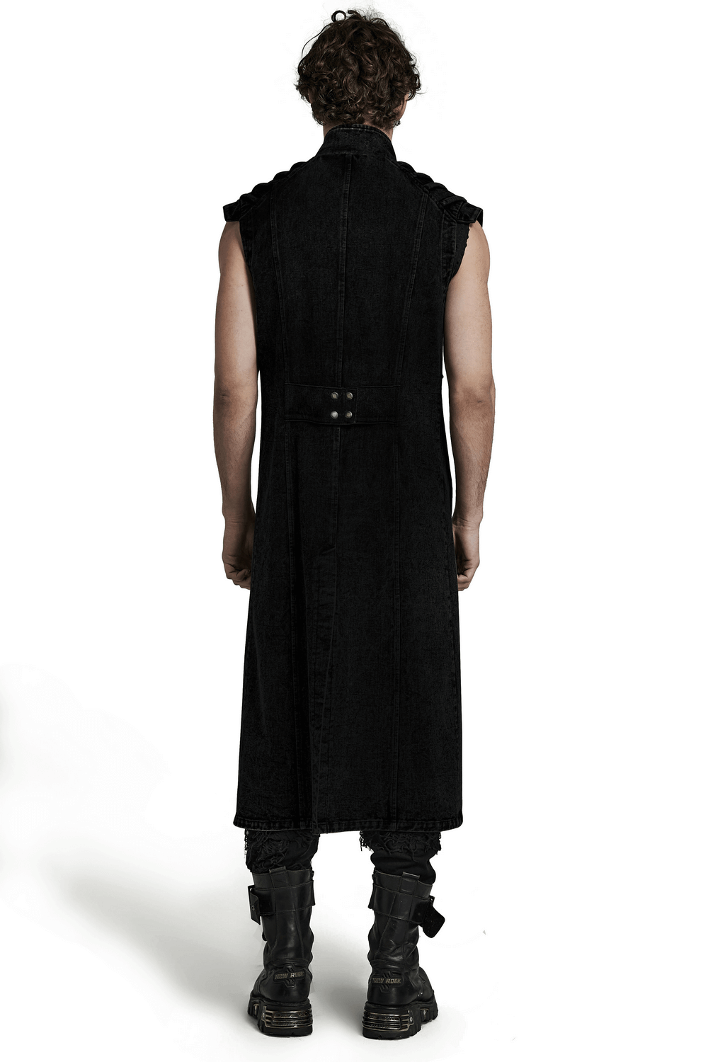 Men's punk long denim vest in black, showcasing a gothic, edgy style with rivets and shoulder pads.