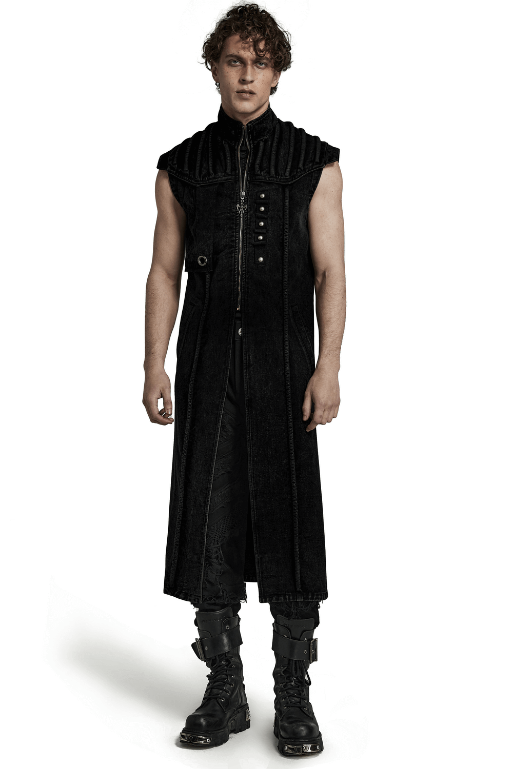 Men's punk long denim vest with rivets and zipper, featuring a gothic style and black distressed fabric.