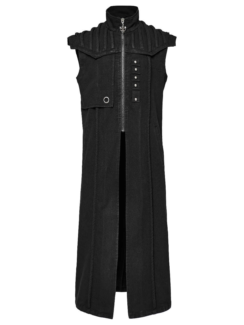 Men's black distressed long denim vest with rivets and shoulder pads in punk style.