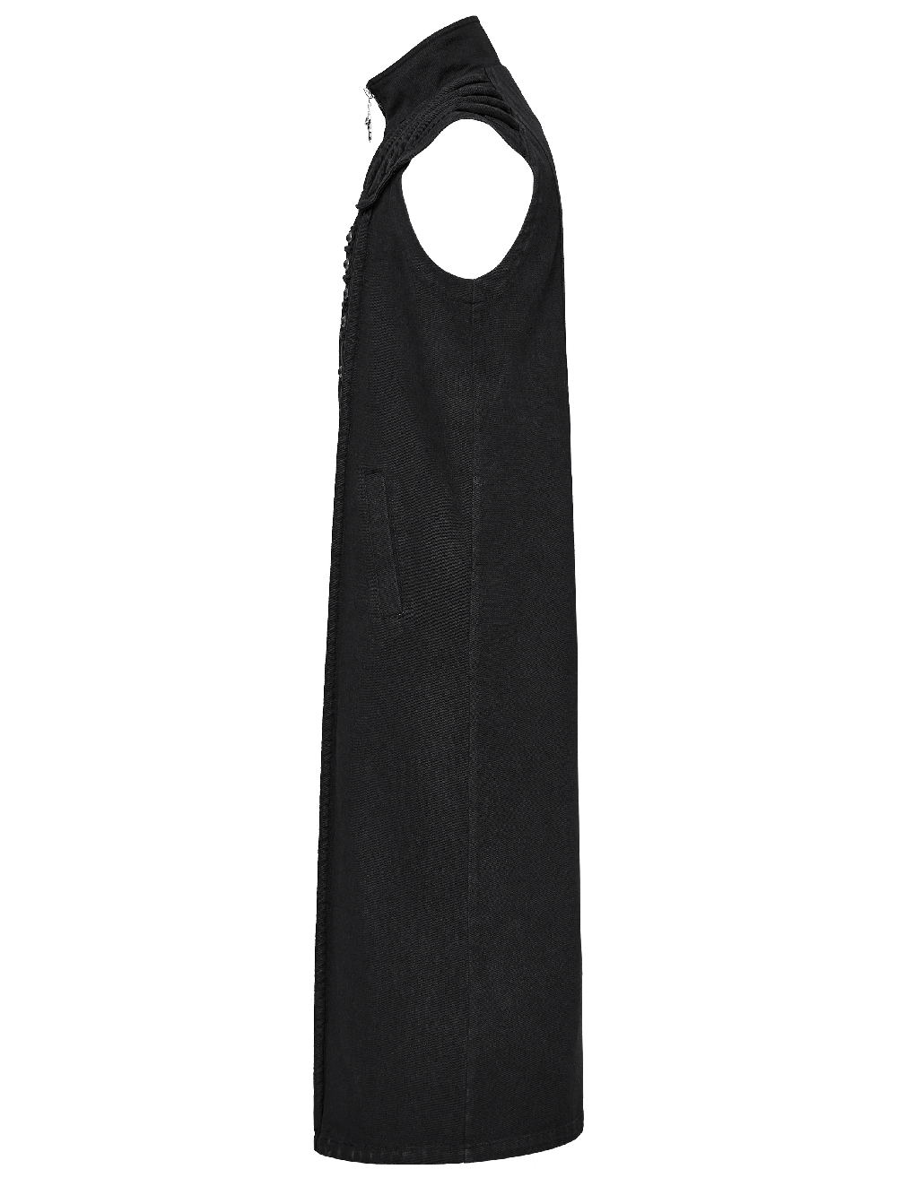 Men's black distressed long denim vest with shoulder pads and rivets, perfect for a punk gothic style.