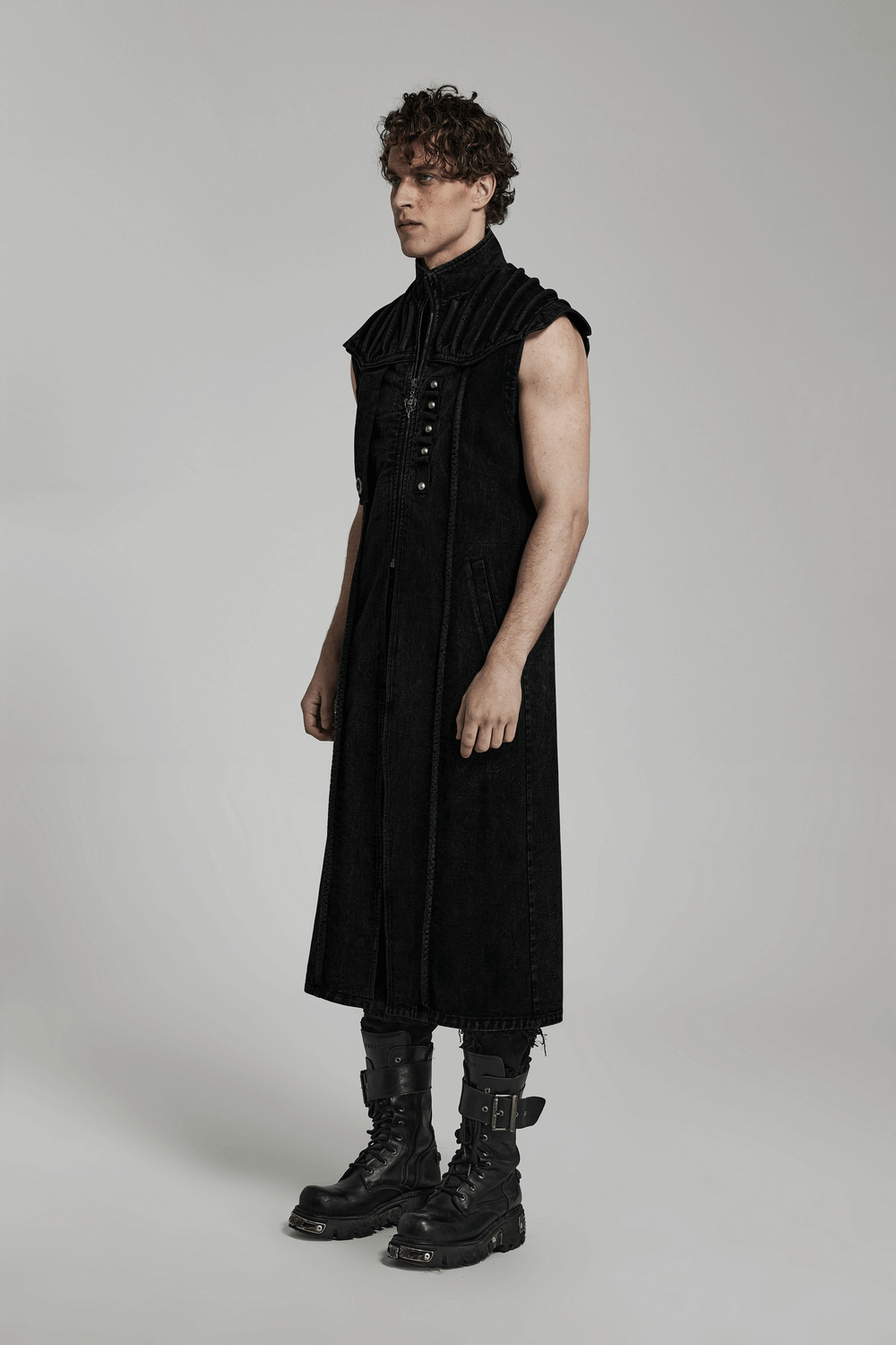 Men's Punk Long Denim Vest in black with rivets, epitomizing gothic punk style and edgy fashion.