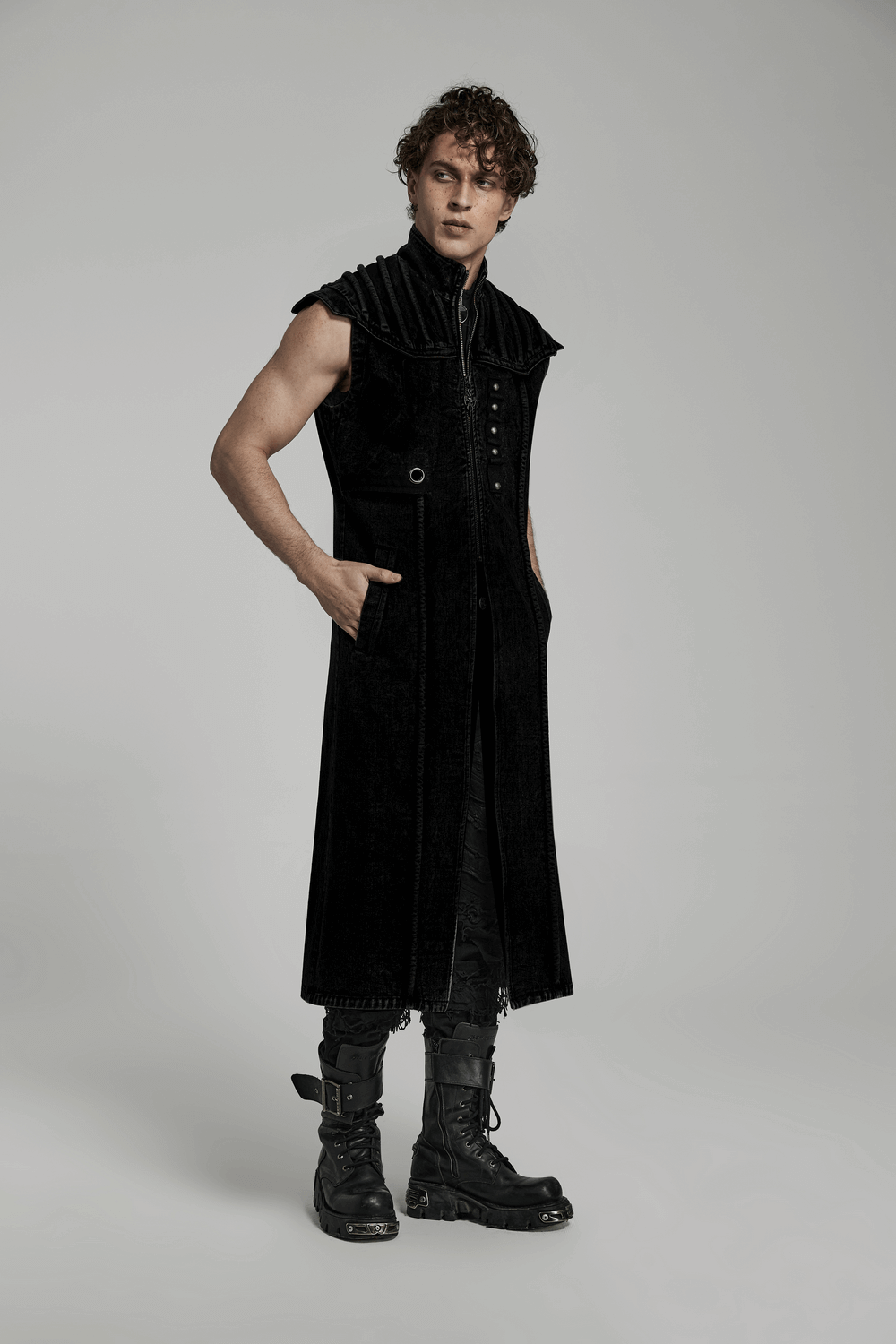 Men's punk long denim vest in black, featuring shoulder pads, rivets, and a zipper for a bold gothic style.