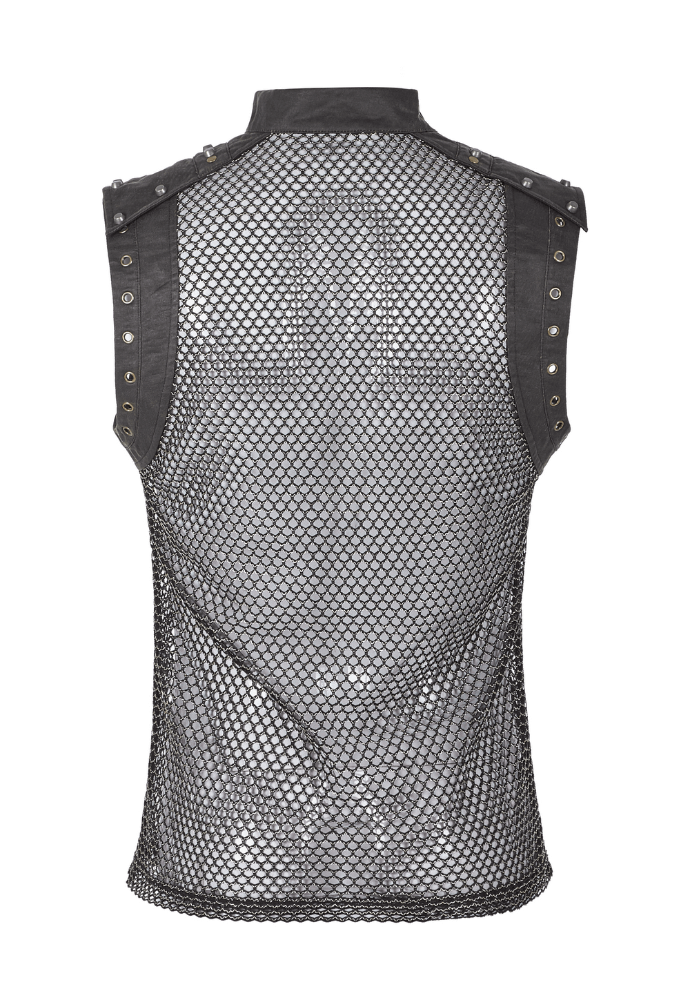 Men's punk mesh sleeveless top featuring back zipper closure and edgy woven texture.