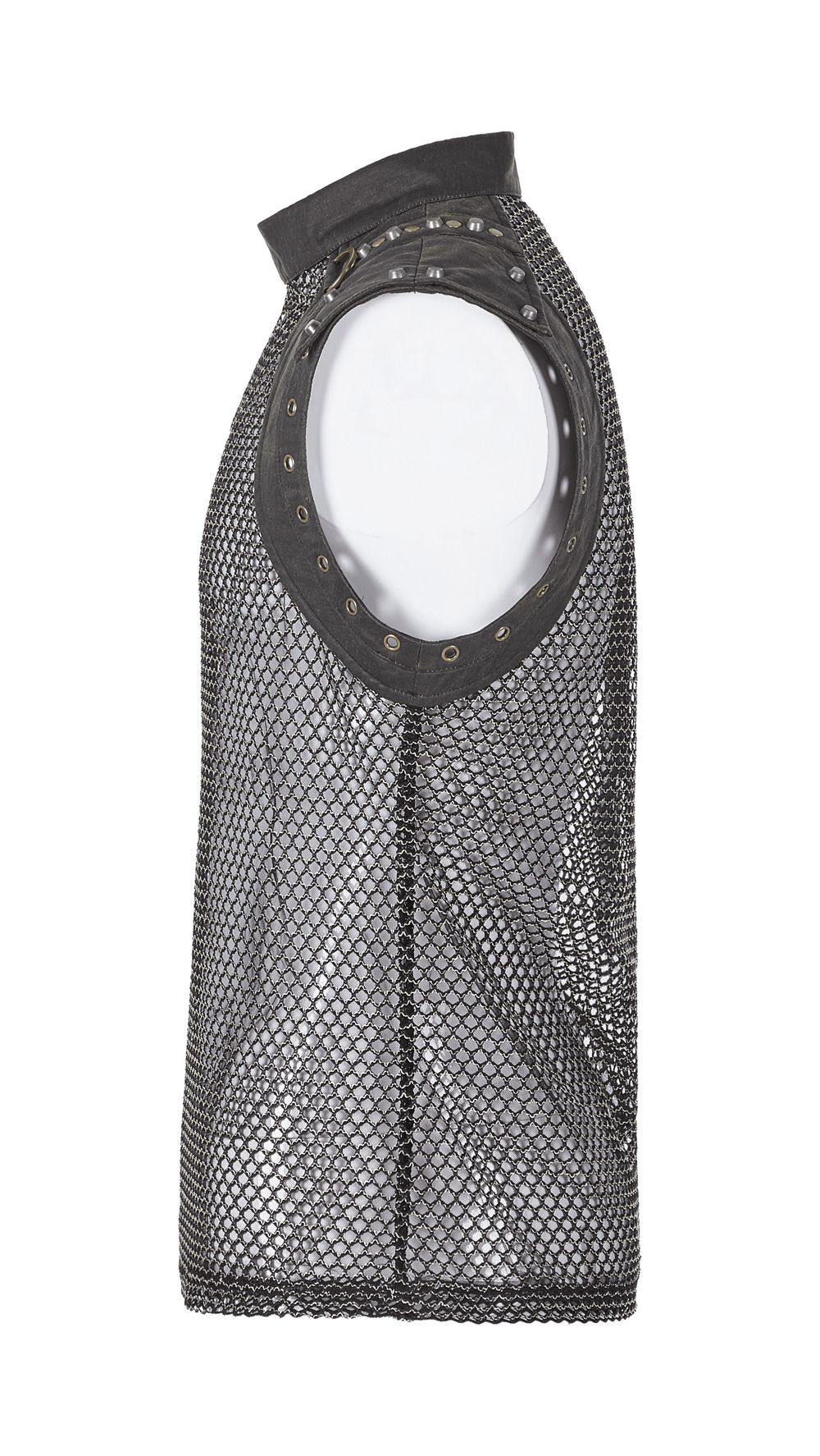 Men's punk mesh sleeveless top with zipper closure at shoulders, showcasing an edgy, see-through design.