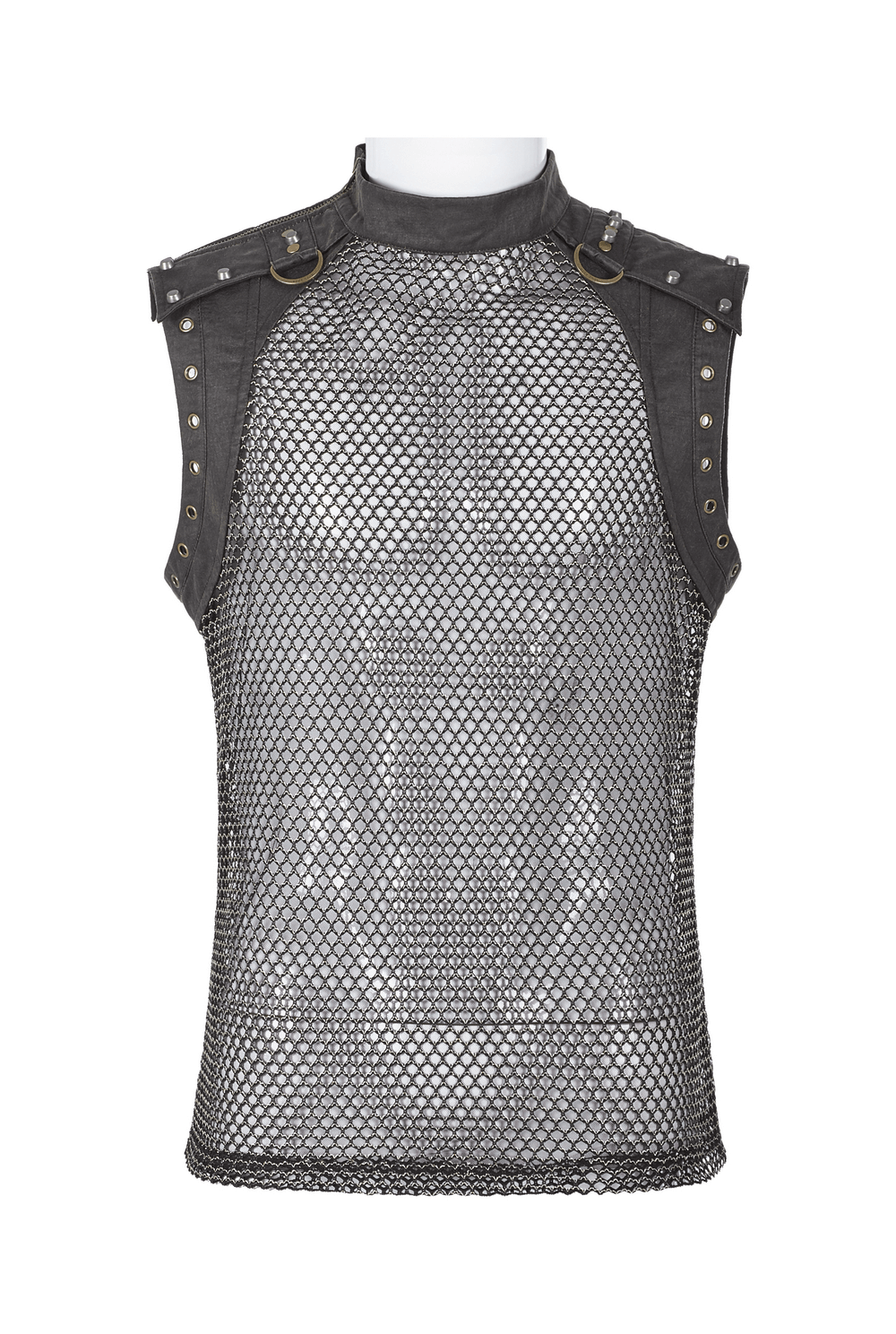 Men's punk mesh sleeveless top with zipper closure on shoulders, showcasing an edgy see-through design.