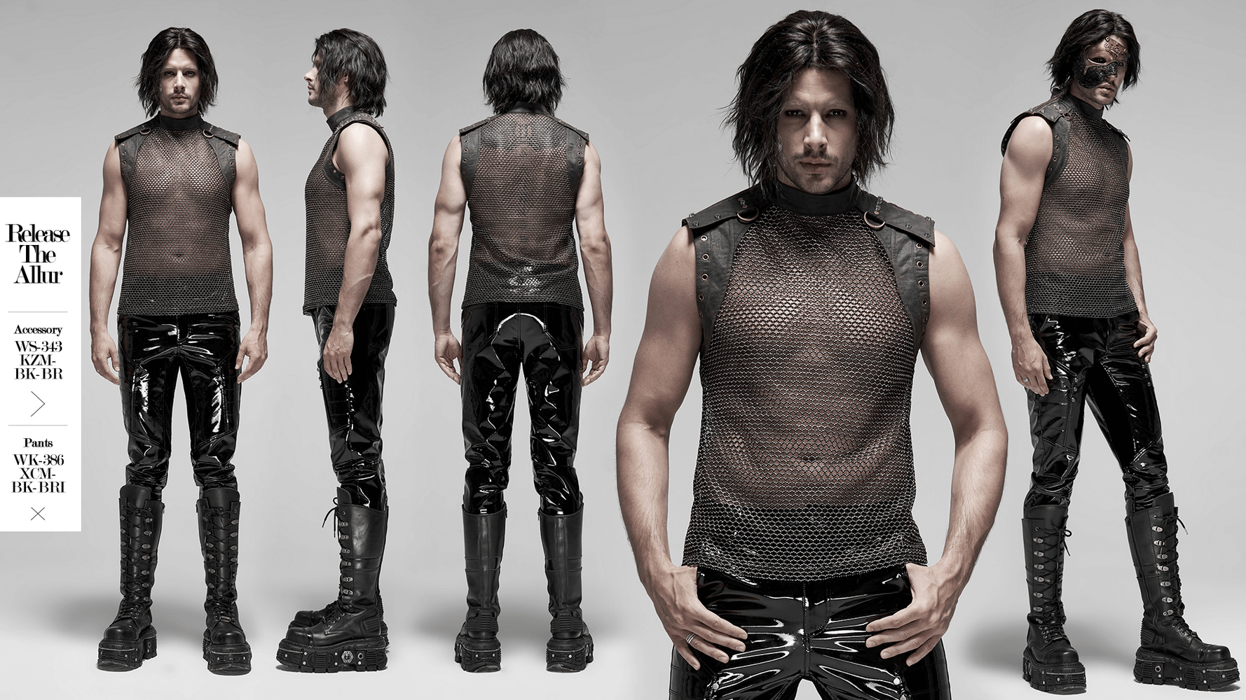 Men's punk mesh top with zipper details, showcasing a daring see-through style and edgy fashion vibe.