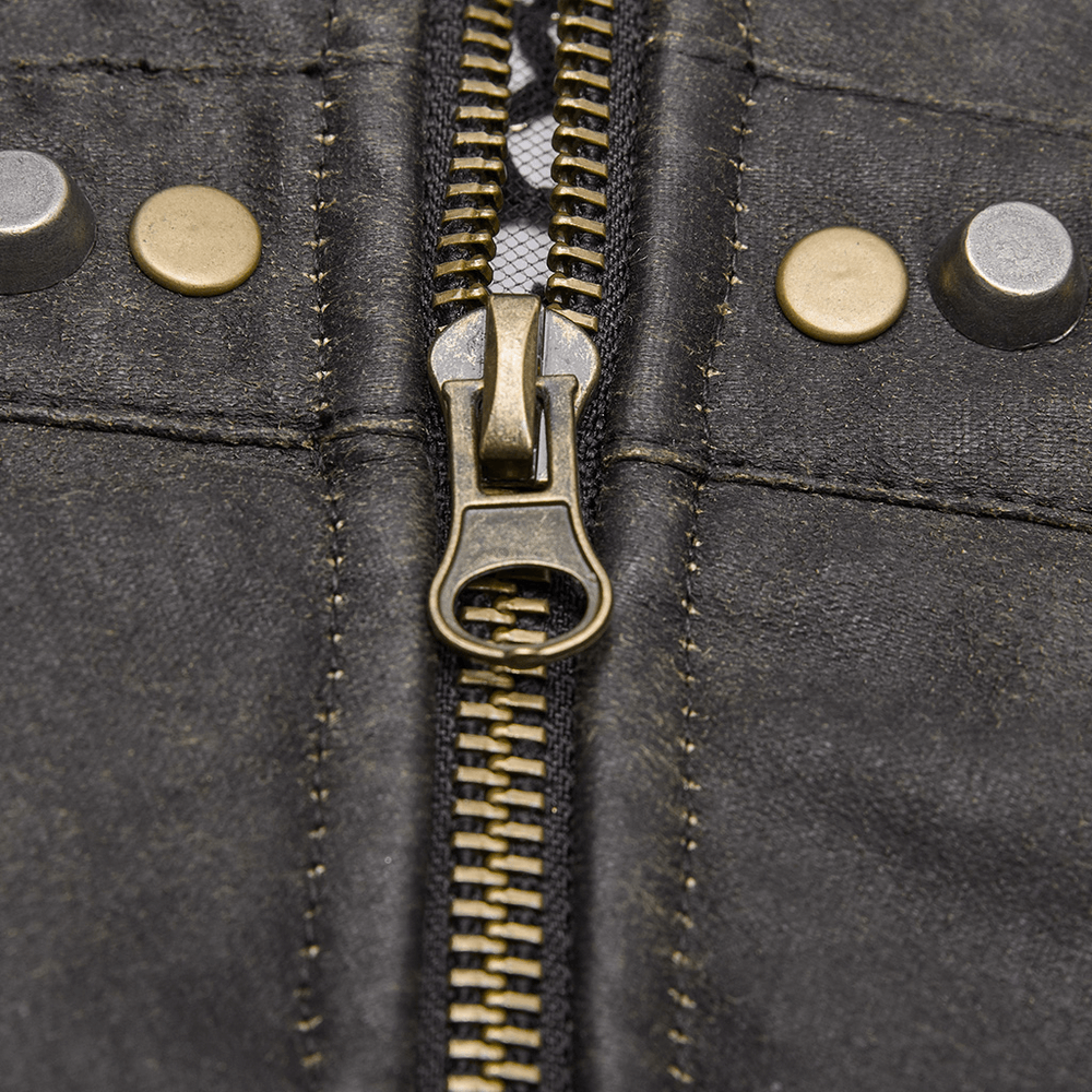 Close-up of a stylish metal zipper on a dark punk mesh top, showcasing edgy design details and industrial flair.