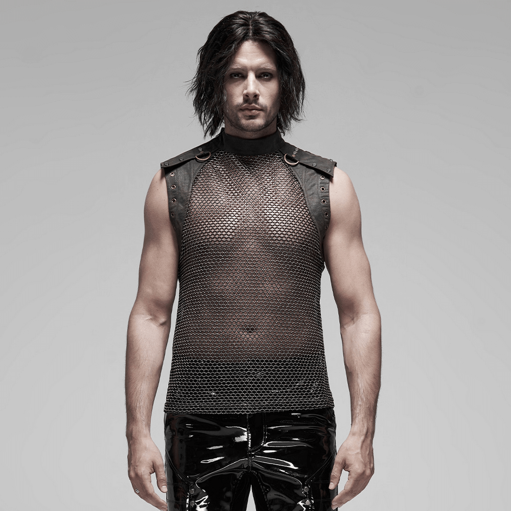 Men's punk mesh top with zipper on shoulders, showcasing edgy style and a see-through design for a bold fashion statement.