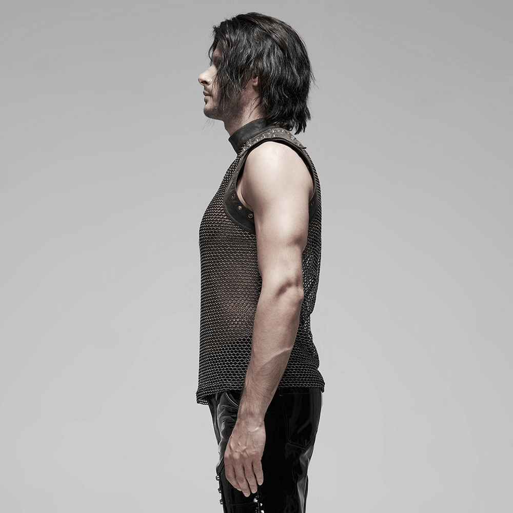 Men's punk mesh top with zipper closure, showcasing edgy style and see-through design.