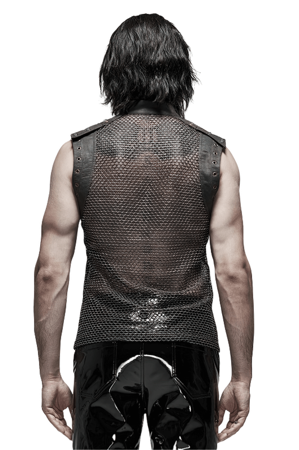 Men's punk mesh sleeveless top showcasing edgy design and zipper detail, perfect for a rebellious fashion statement.
