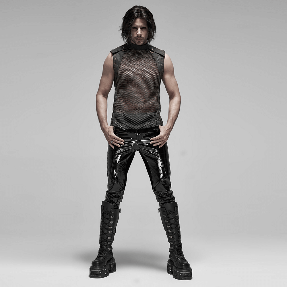Men's punk mesh top with zipper closure, showcasing an edgy, sleeveless design and bold black style.
