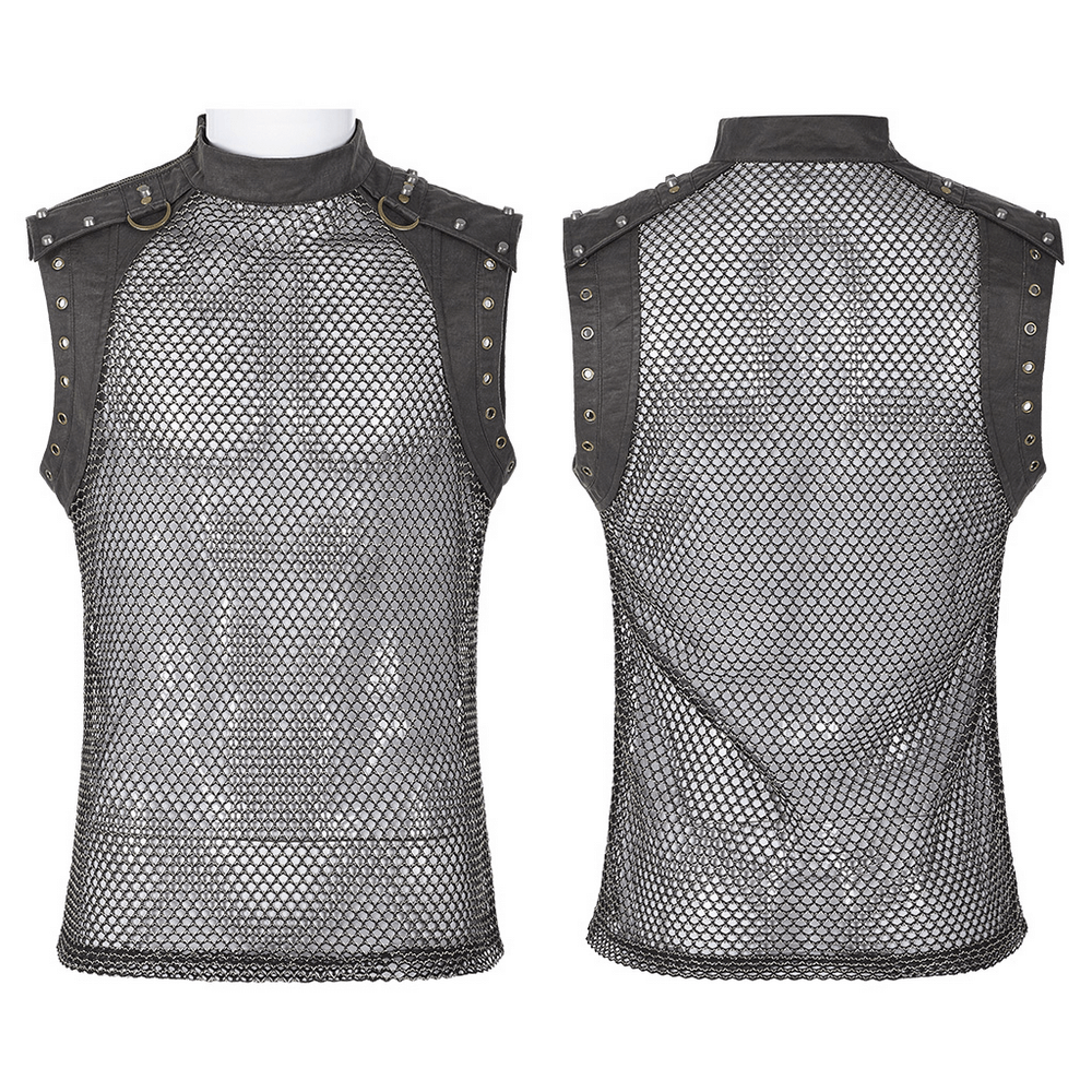 Men's punk sleeveless mesh top with zipper closures and decorative studs, showcasing edgy see-through style.
