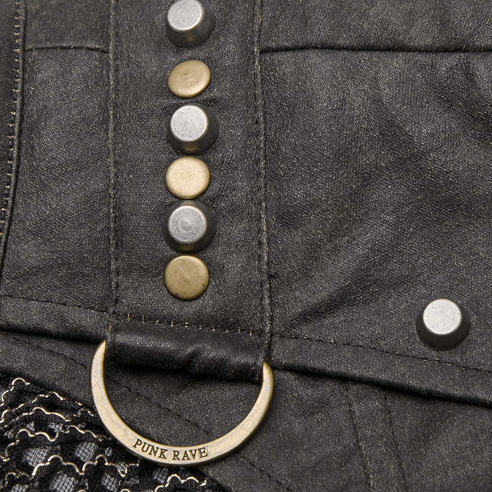 Close-up of men's punk top showing decorative buttons and zipper, embodying edgy style and unique texture.