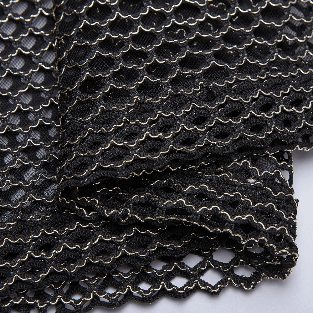 Close-up of black mesh fabric with unique rubber washing texture, perfect for edgy punk fashion.