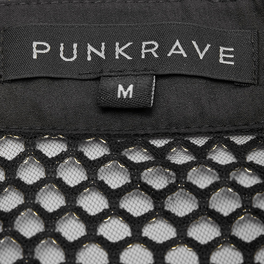 Close-up of PUNK RAVE label on men's punk mesh top, showcasing edgy design and size M.