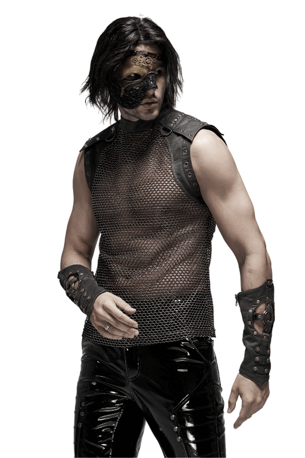 Men's punk mesh top with zipper, showcasing edgy style and unique see-through design, perfect for bold fashion statements.