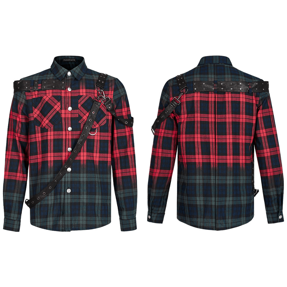 Men's Punk Plaid Shirt with Leather Accents - HARD'N'HEAVY