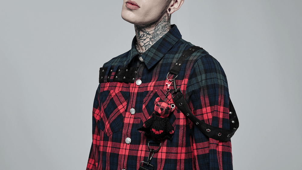 Men's Punk Plaid Shirt with Leather Accents - HARD'N'HEAVY