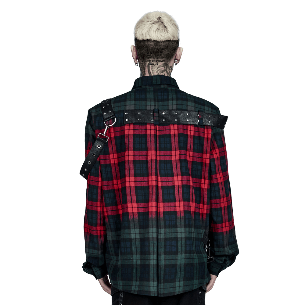 Men's Punk Plaid Shirt with Leather Accents - HARD'N'HEAVY