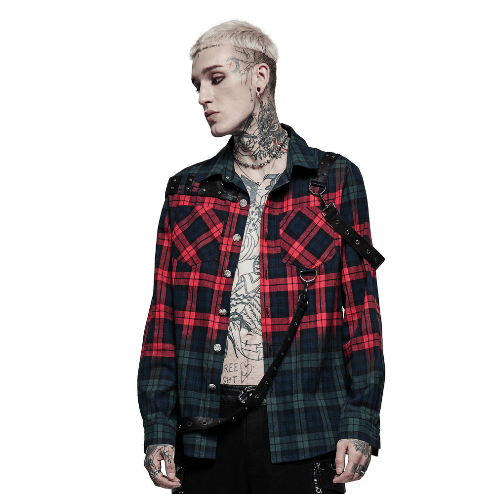 Men's Punk Plaid Shirt with Leather Accents - HARD'N'HEAVY