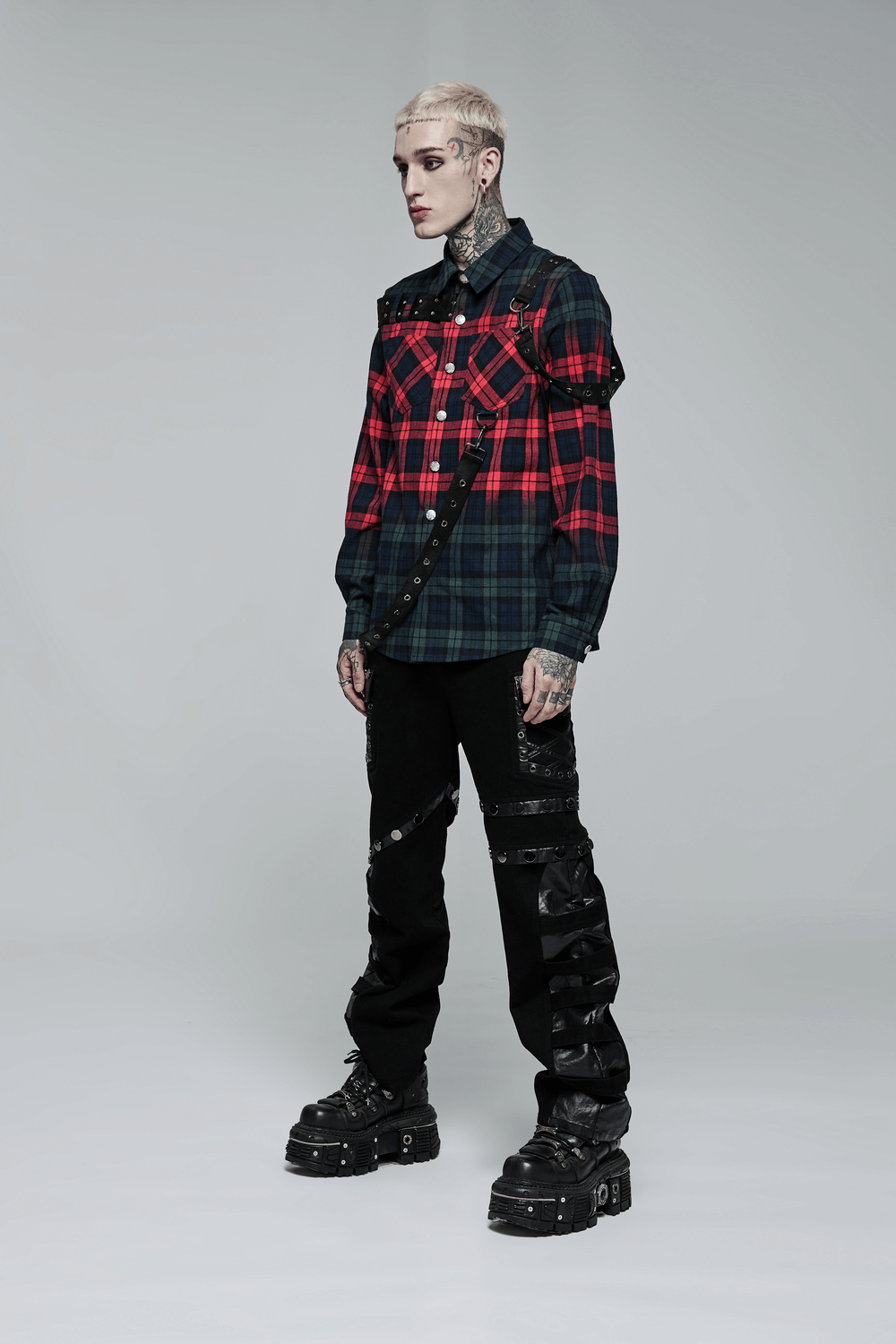 Men's Punk Plaid Shirt with Leather Accents - HARD'N'HEAVY